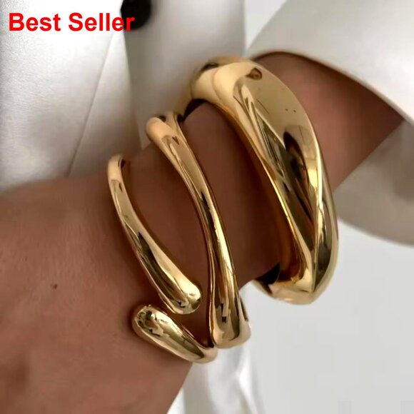 Chunky Gold Plated Bangle Bracelets Set Stackable Wide Cuff - Picture 5 of 7